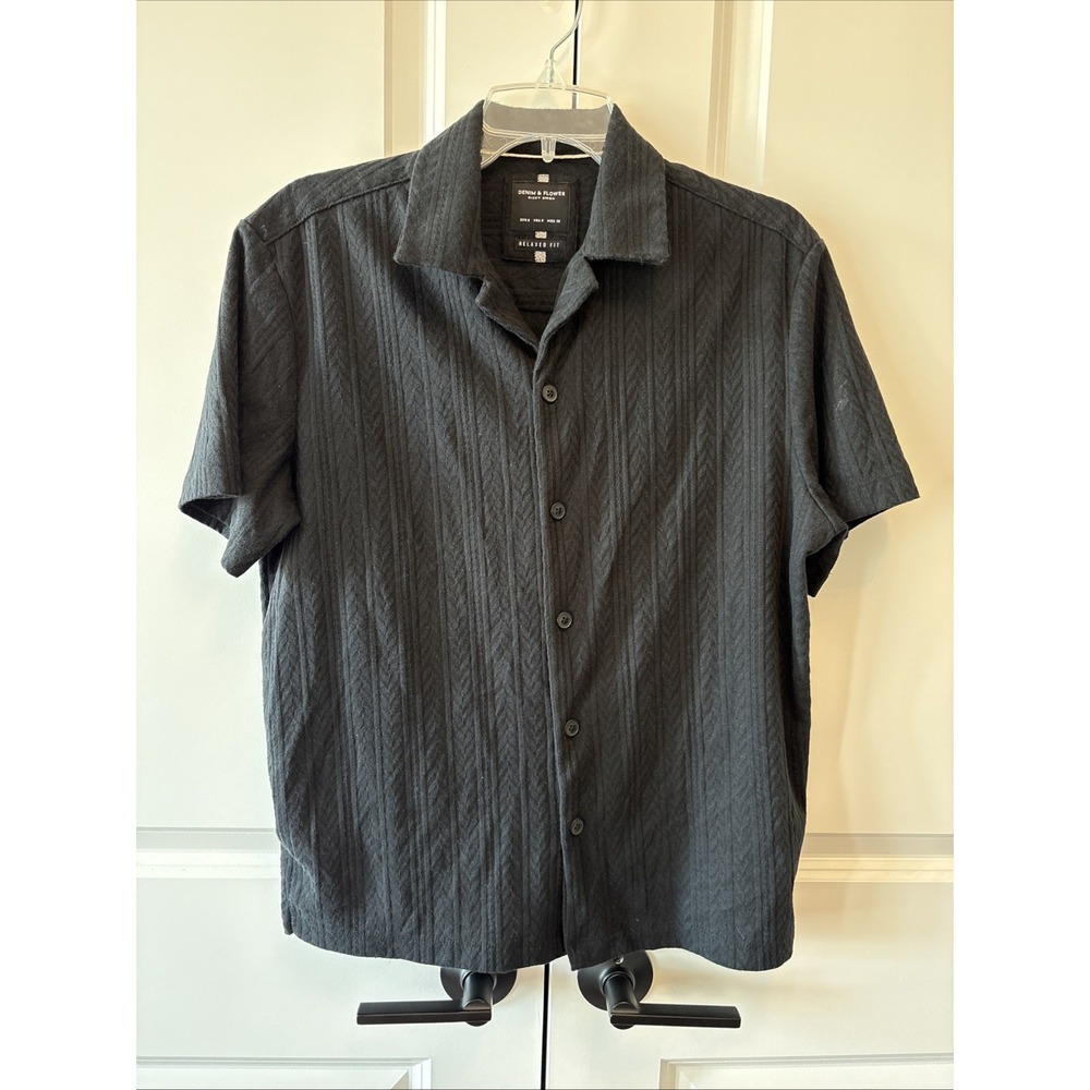 Denim & Flower Mens Small Black Textured Stretch Button Down Shirt Relaxed Fit